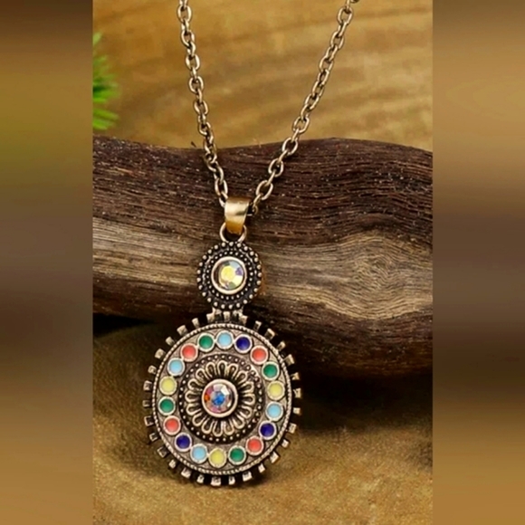 Antique Bronze Link Chain Aztec Pendant Necklace - Picture 1 of 3